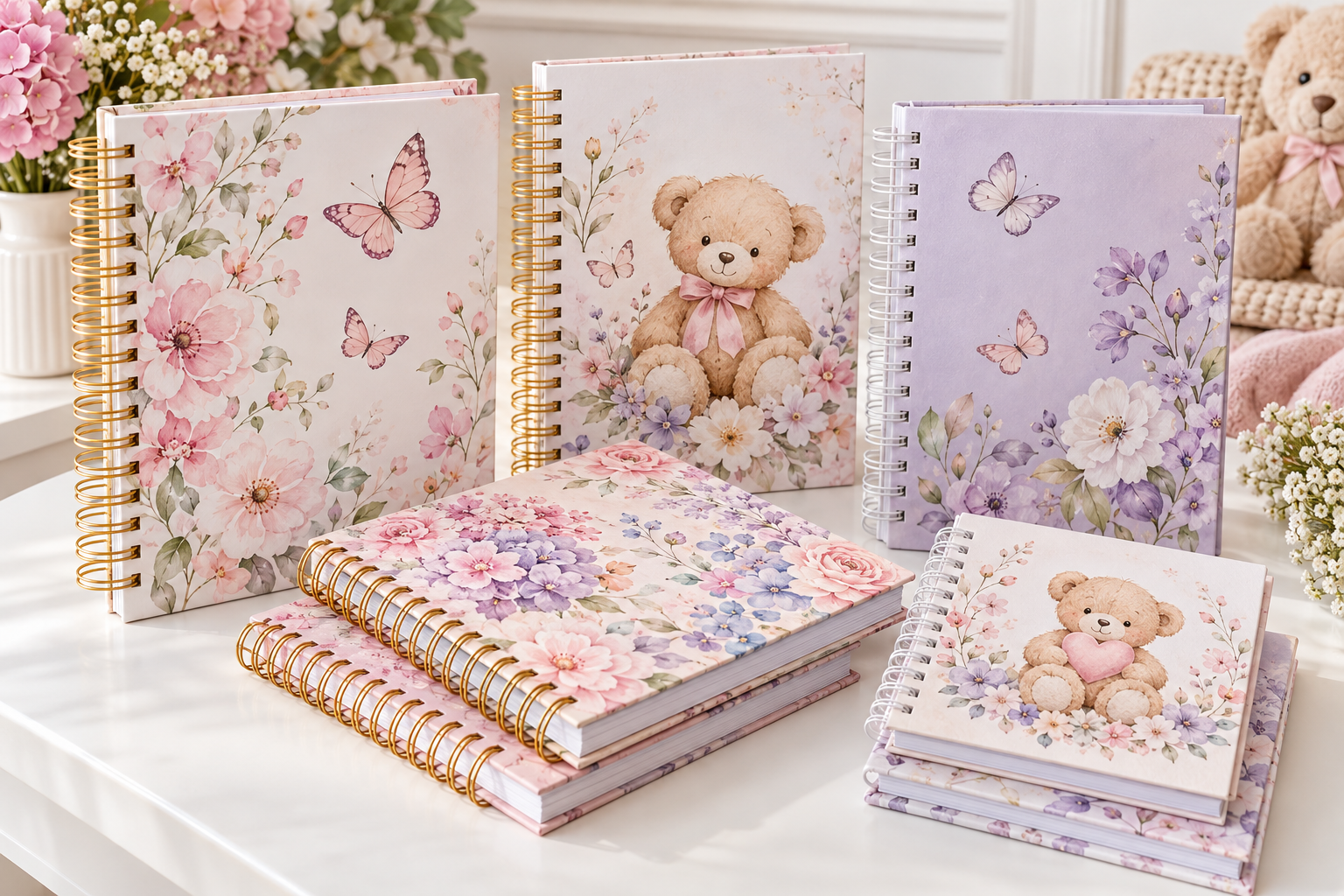 Agendas e cadernetas personalizadas com capas florais, borboletas e ursinhos